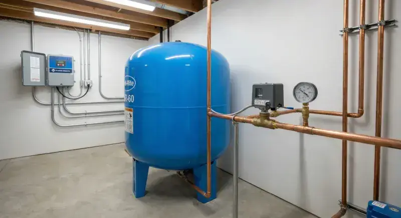 A well technician servicing a submersible pump and pressure tank system at a rural Simcoe County home.