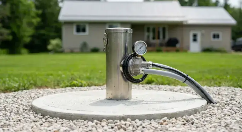 A properly capped and sealed well casing standing above saturated spring ground in rural Simcoe County.
